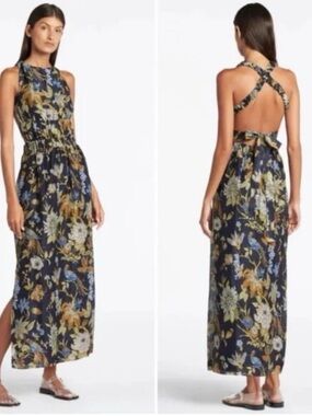 SIR the label Navy Floral Backless Maxi Dress with Mustard & Sage Accents